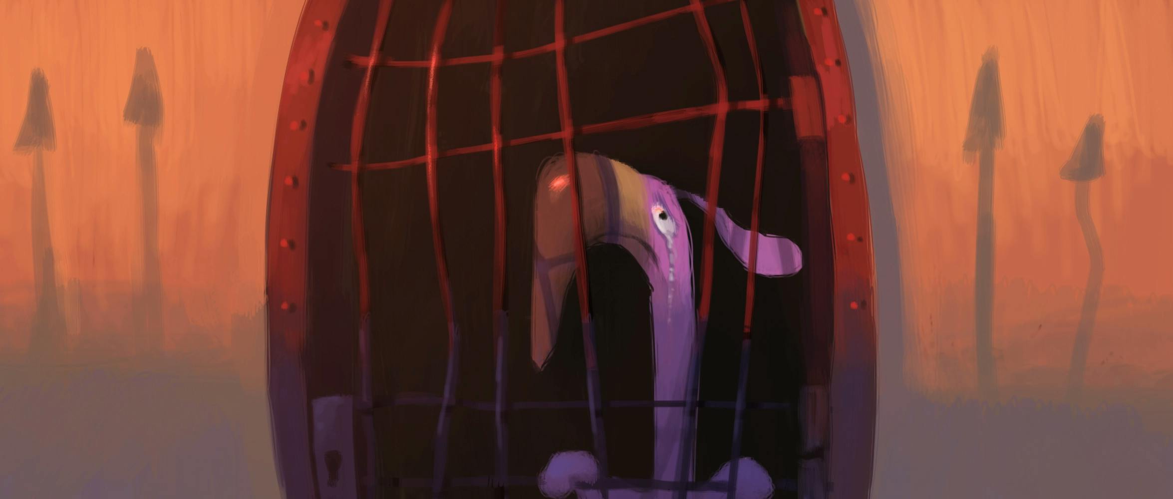 An illustration of a flamingo behind bars