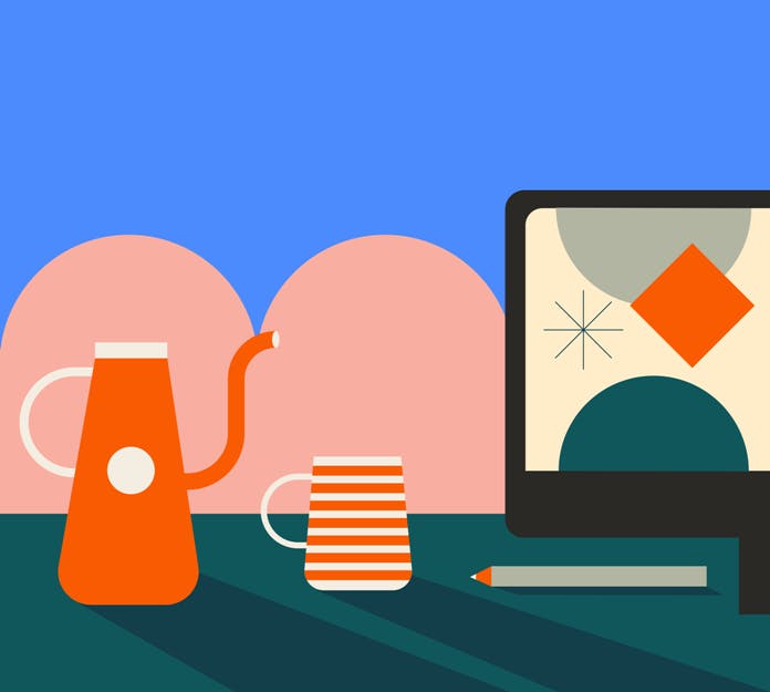 An illustration of a desk with a hot liquid container and a computer