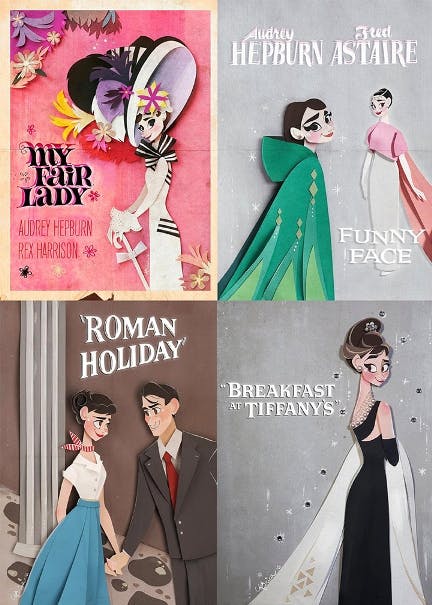 A collection of illustrations inspired by movies starring Audrey Hepburn.