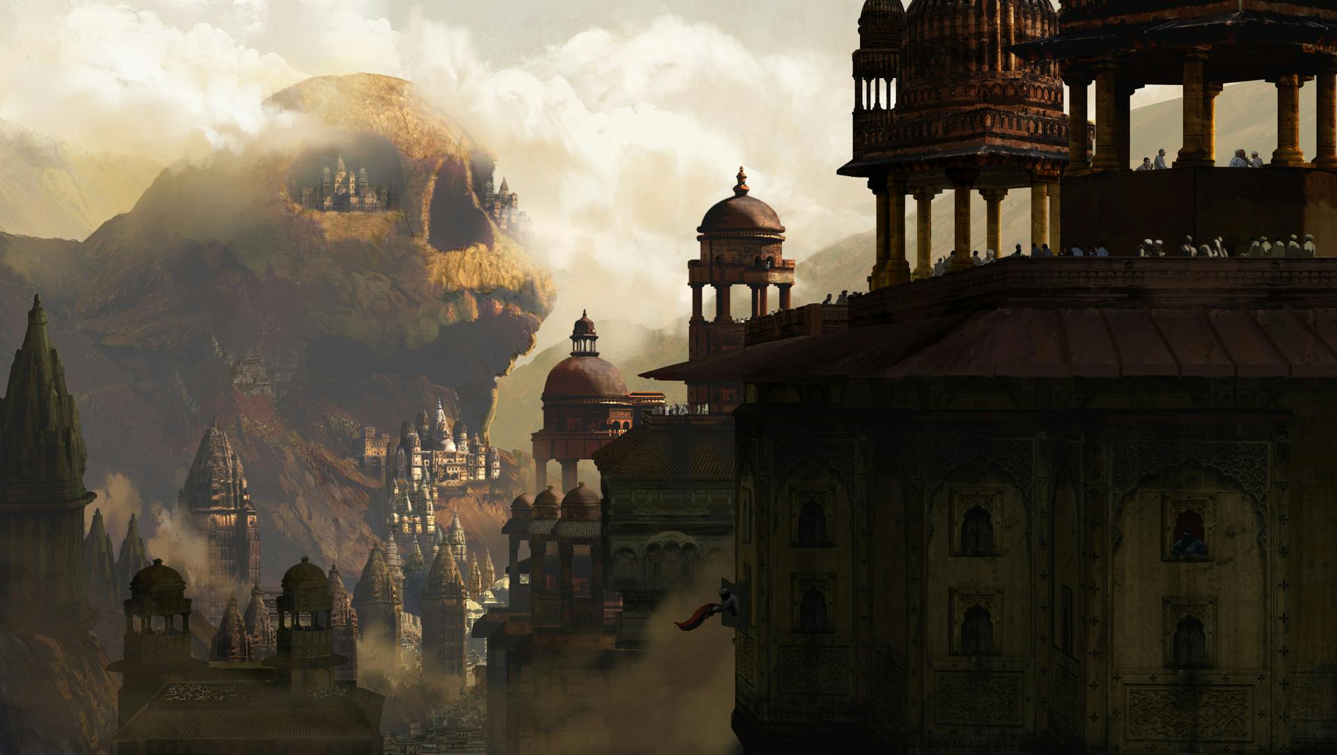 Concept art of a city built around a mountain sized skull