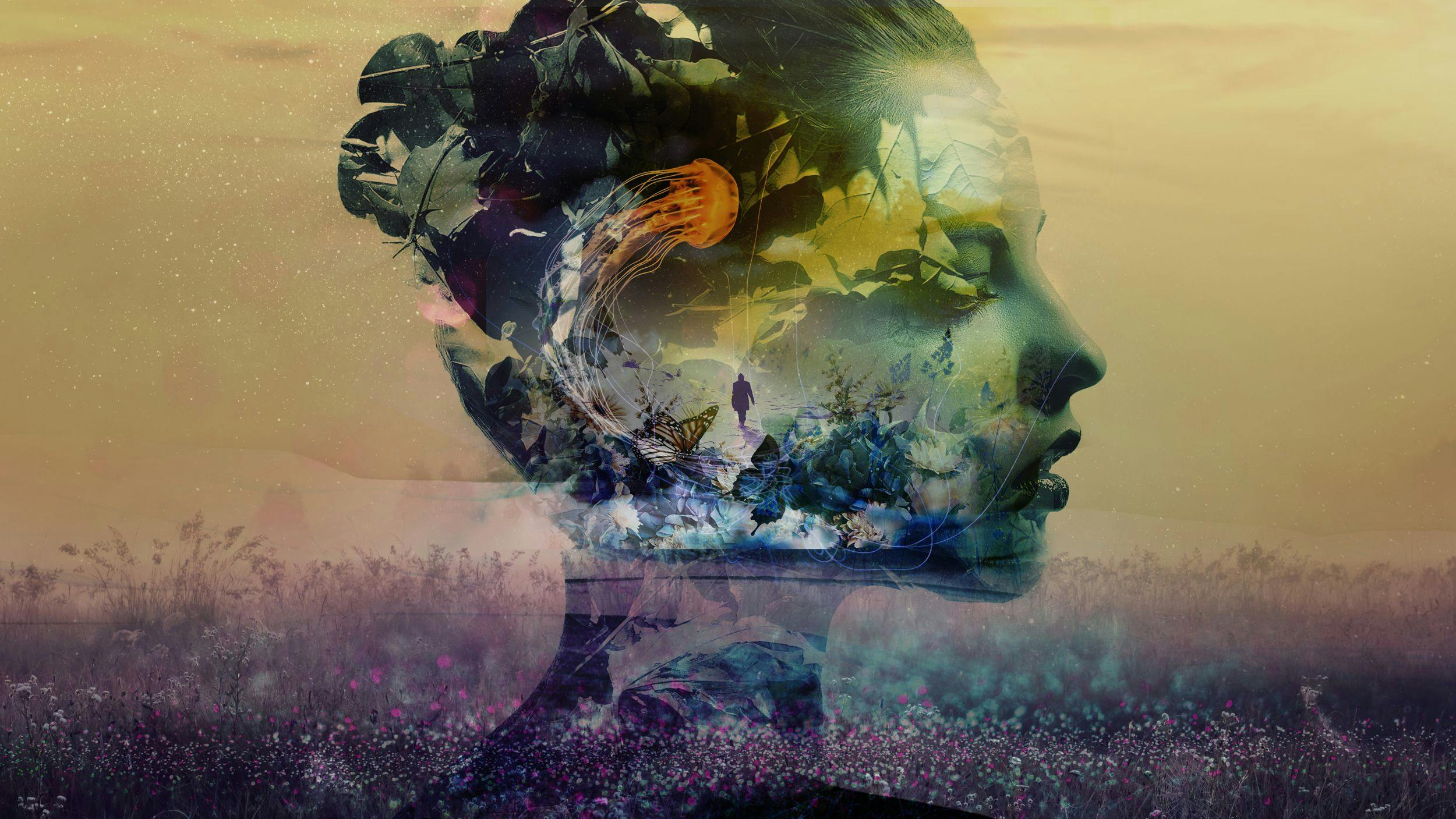 Artistic double exposure of a woman’s profile filled with flowers and organic textures, illustrating creativity and sustainability while harnessing AI for enhanced business performance.