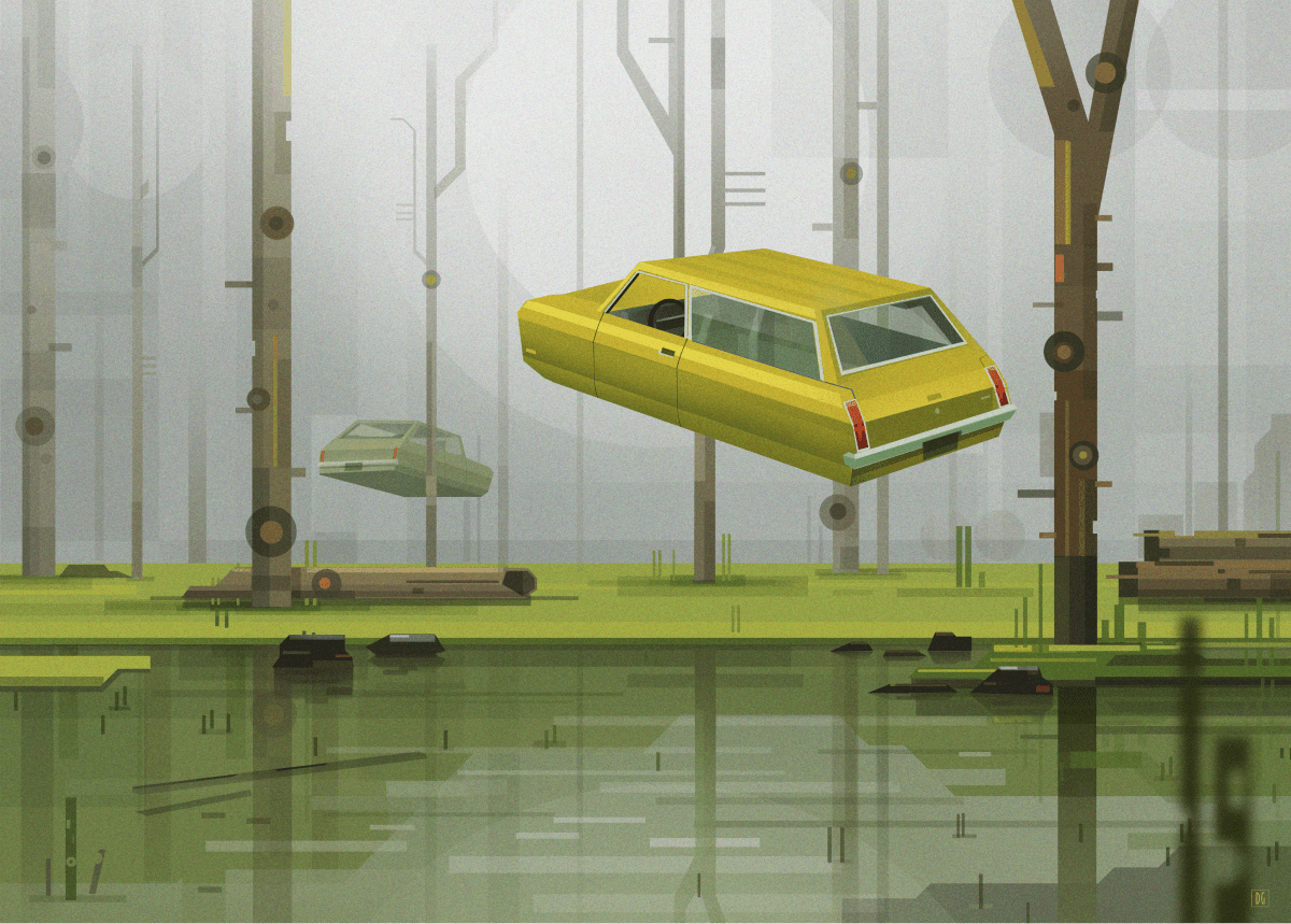 A flying car in a swamp