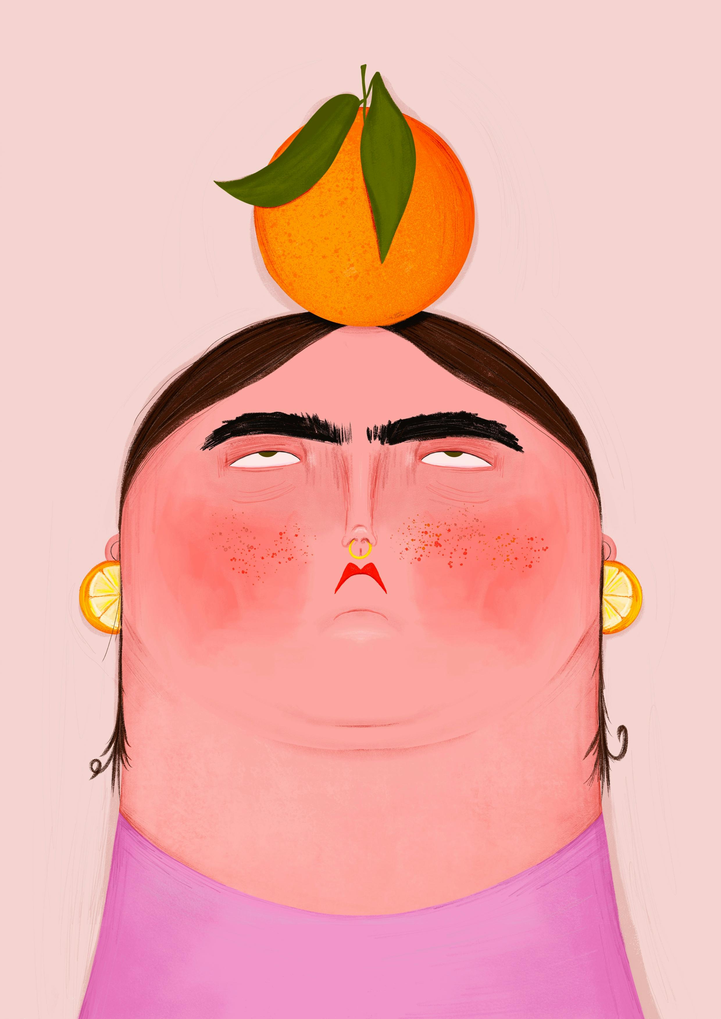 A woman with a peach on her head
