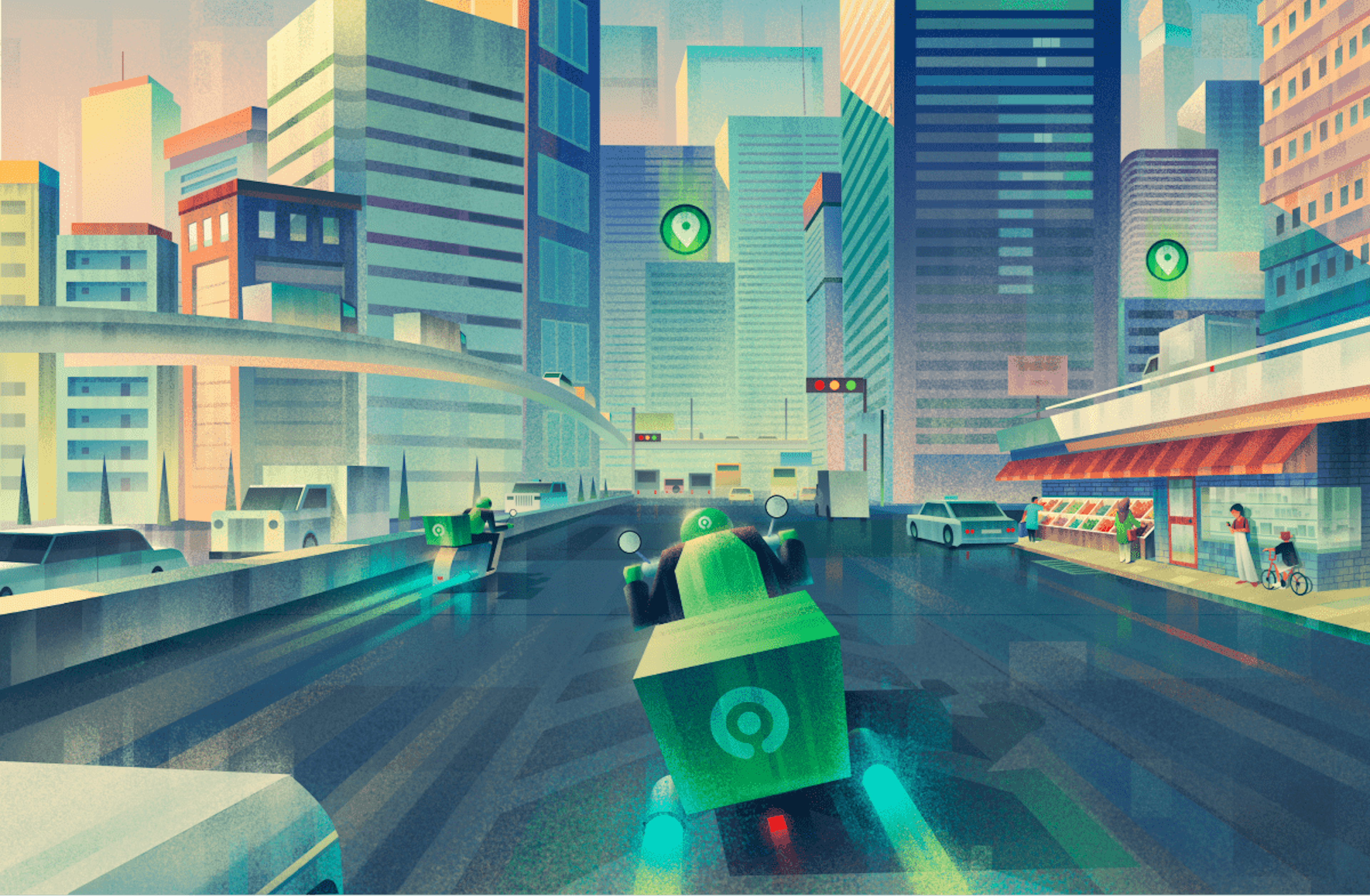 A delivery driver racing through a city