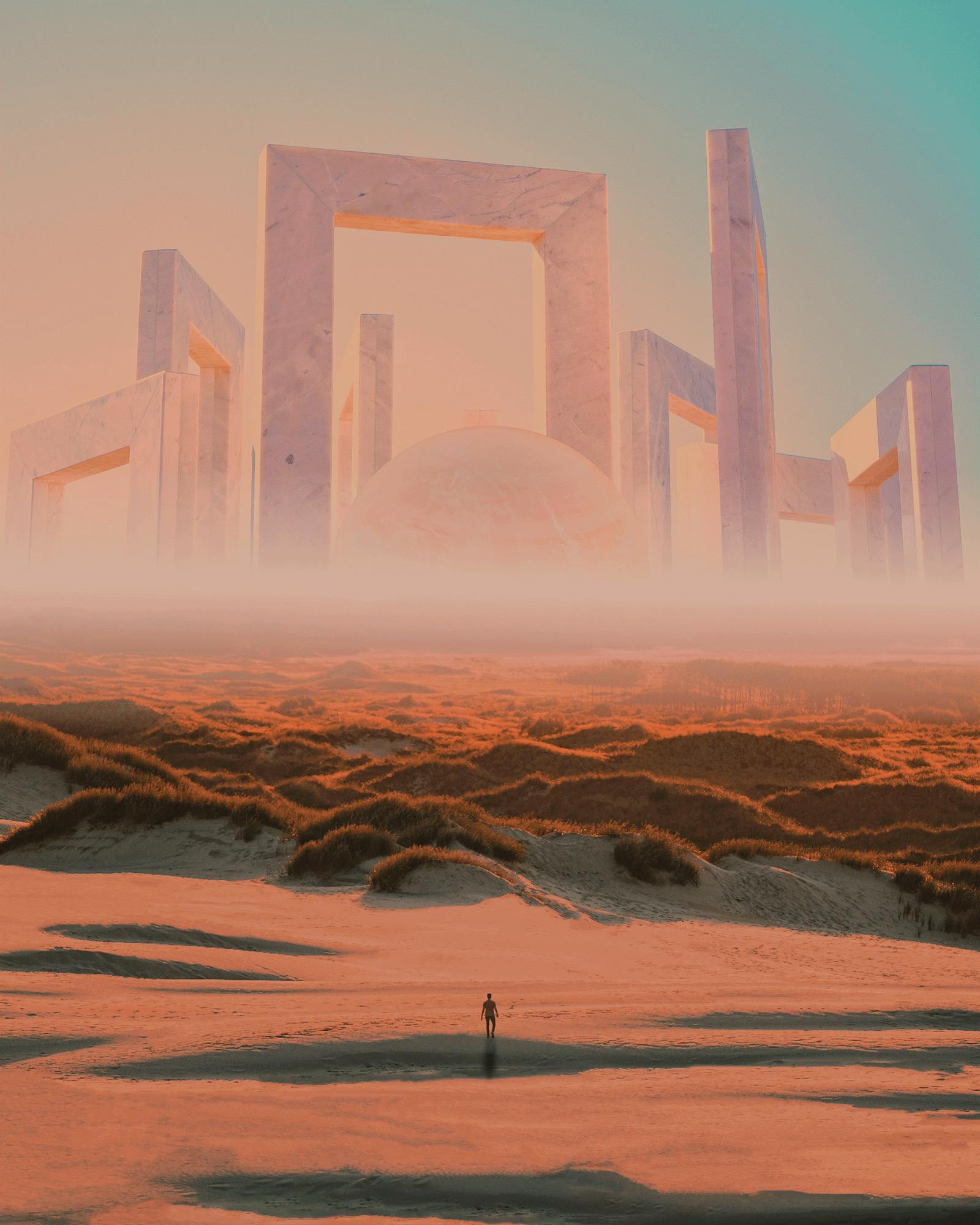 A collage of a person walking through the desert