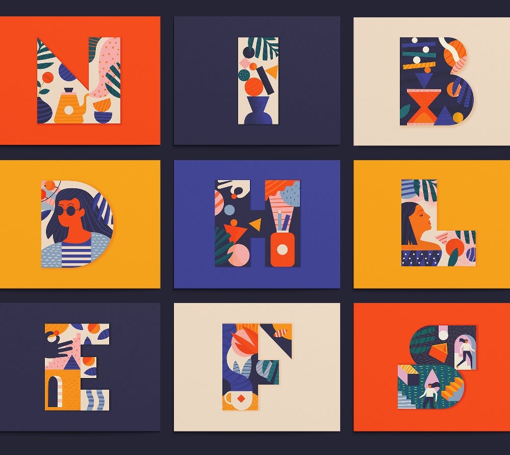 A collage of graphic illustrations of letters