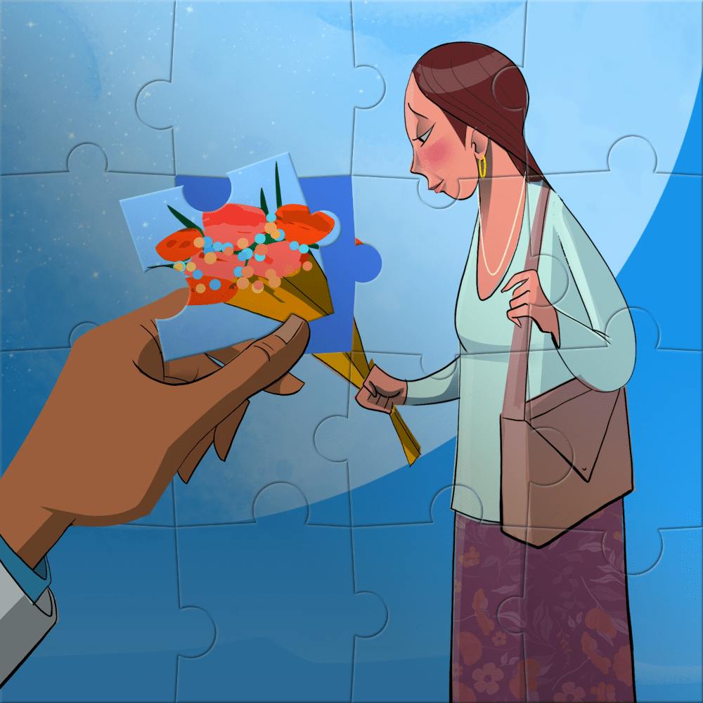 A puzzle of a woman accepting flowers from a giant hand.