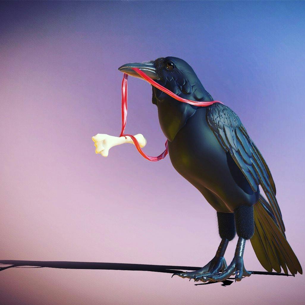 A crow with a bone amulet