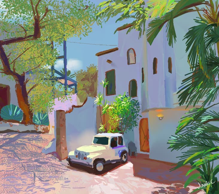 A colorful street scene with white buildings, lush greenery, and a parked SUV — capturing the kind of vibrant, location-based visuals often used in AI for social media content targeting travel and lifestyle audiences.