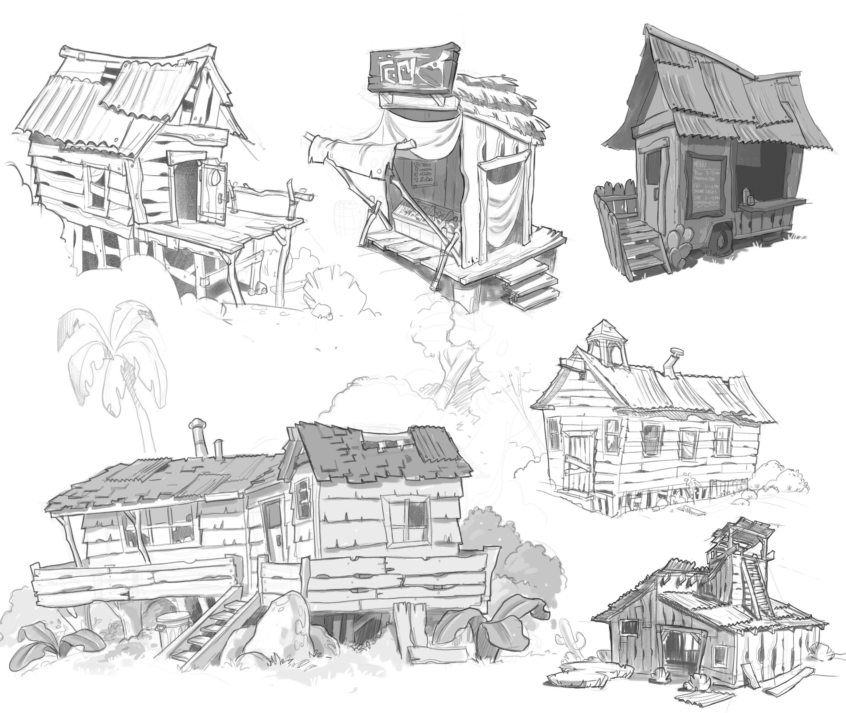 Sketches of dilapidated buildings