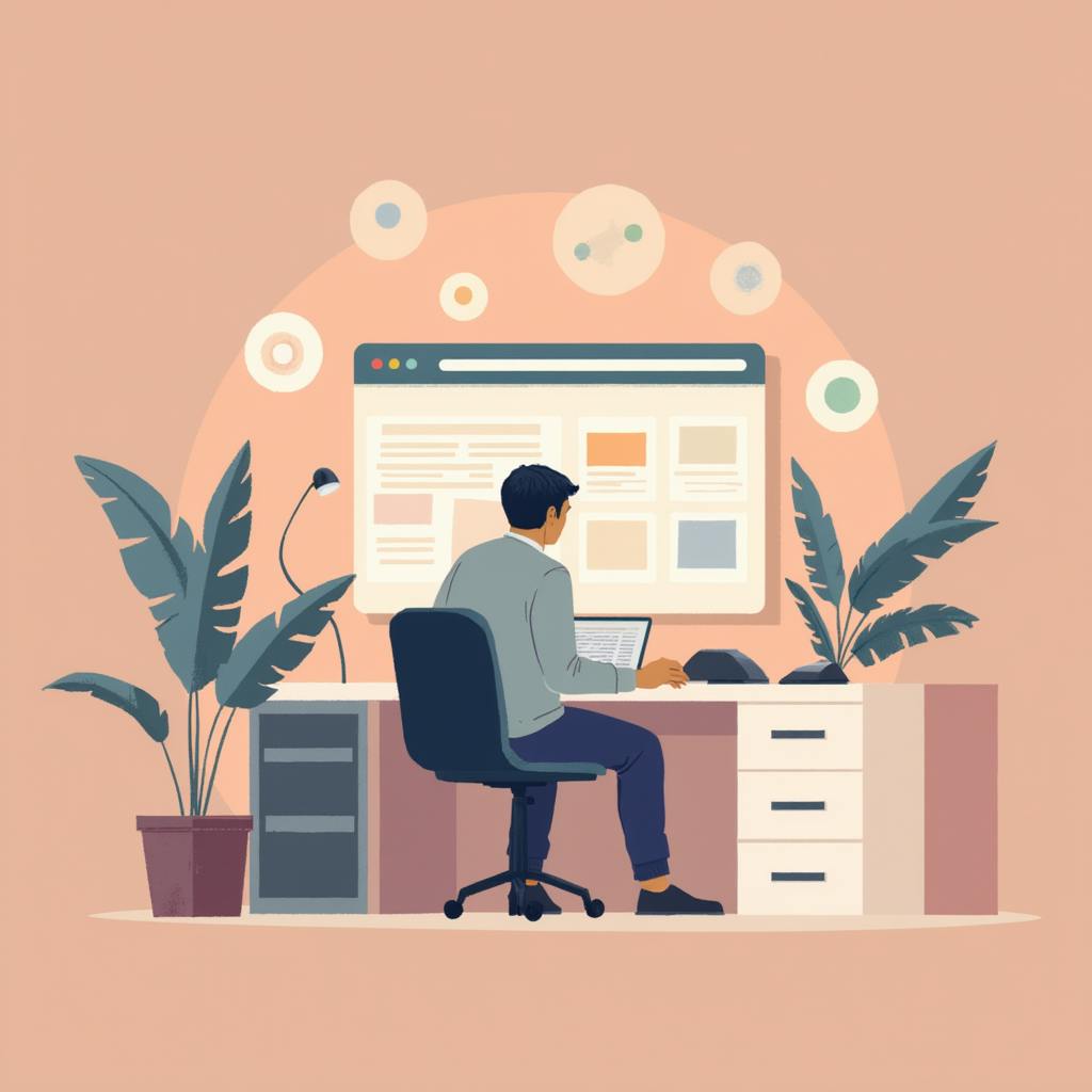 A flat-style illustration showing a man sitting at a desk with a computer monitor displaying various dashboard elements. The workspace is decorated with large plants and a warm peach background. The scene highlights a designer or researcher analyzing ux testing methods on a computer.