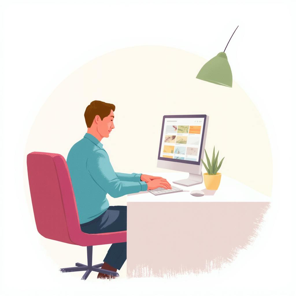 An illustration of a man sitting at a modern white desk in a red office chair, working on a computer screen that displays a grid of website thumbnails. A green desk lamp hangs above, and there is a small potted plant on the desk. The scene represents a professional engaged in ux testing methods.