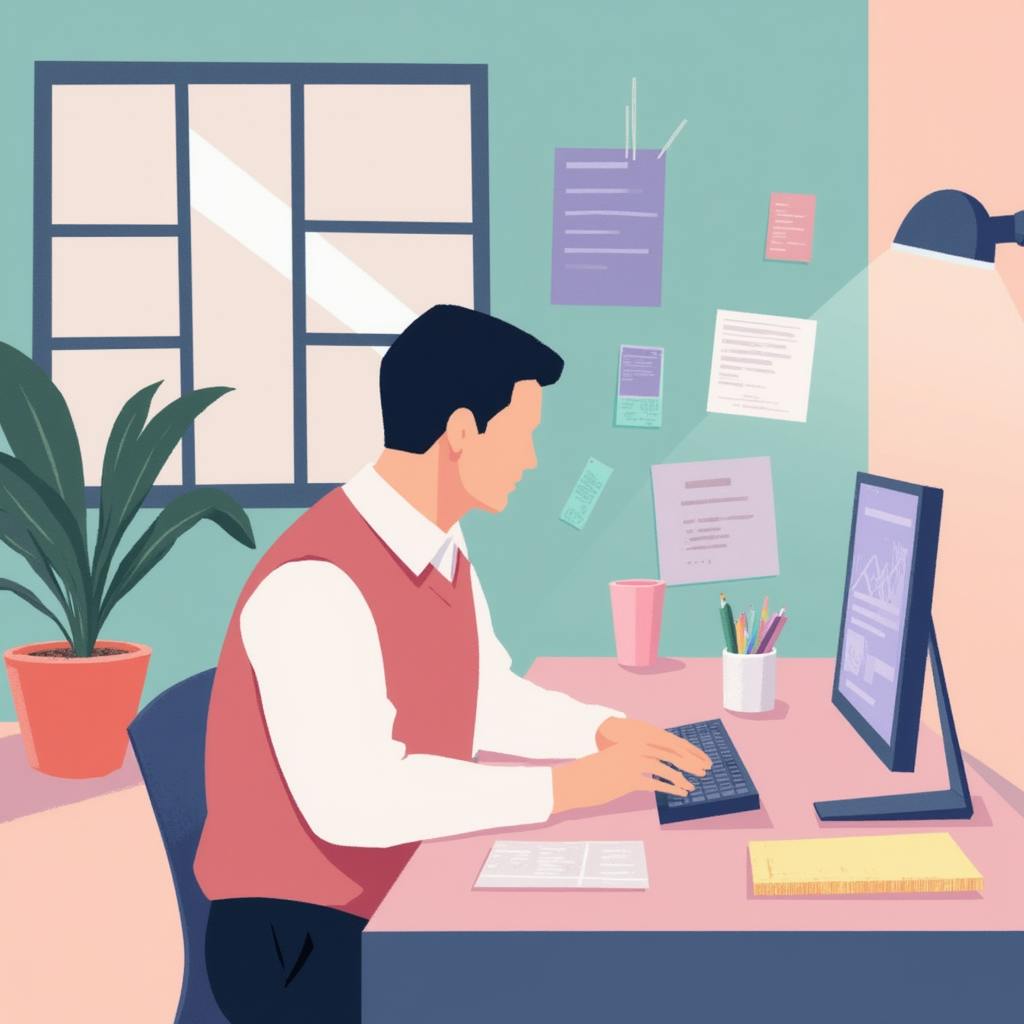 An illustration of a man in a red vest working at a computer in a colorful office with a window and sticky notes on the wall. He is typing on a keyboard with charts displayed on the monitor, symbolizing the use of ux testing methods for analyzing user experience data.