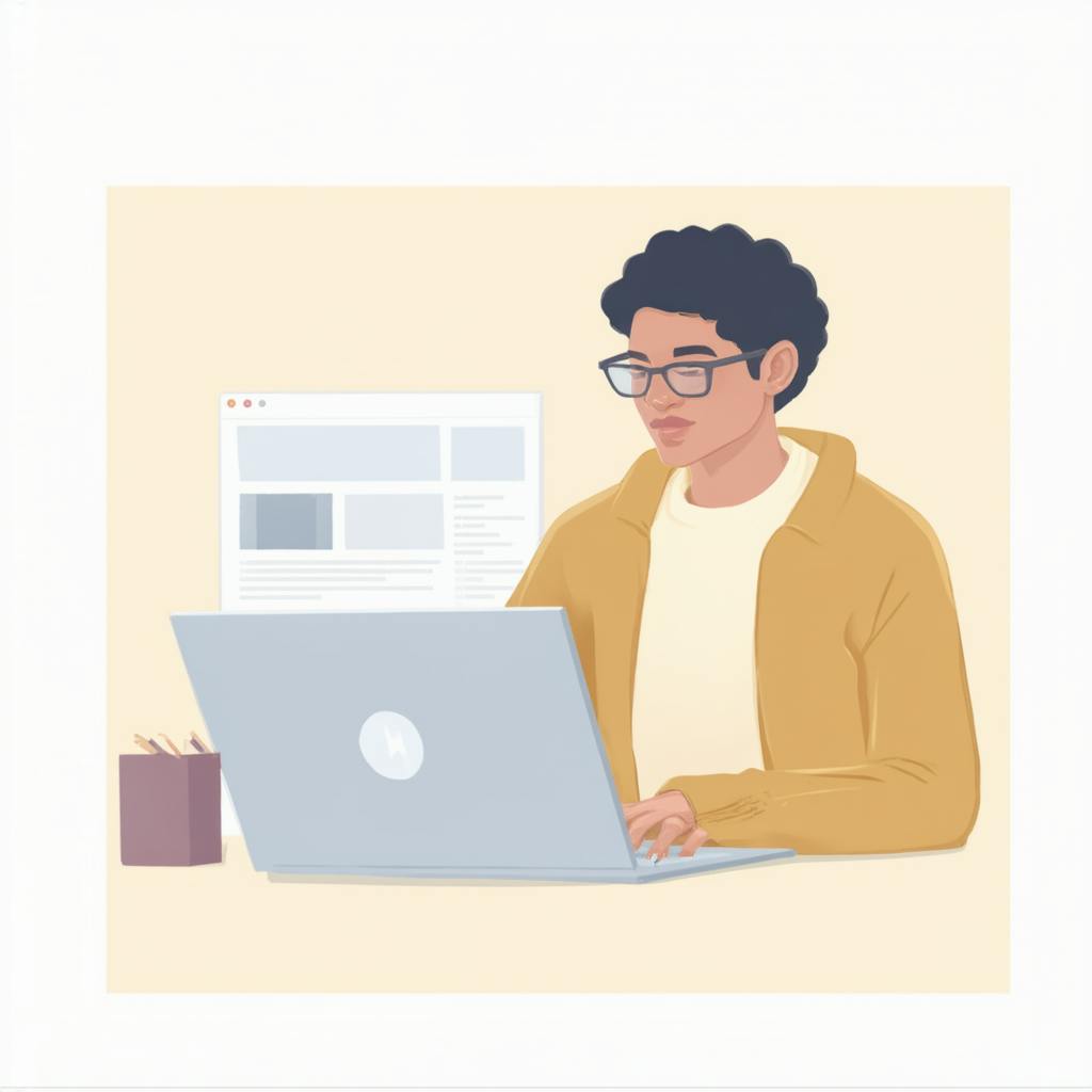 Illustration of a person with glasses and curly hair working on a laptop, with a large website interface displayed in the background, symbolizing ux testing techniques for website usability evaluation.