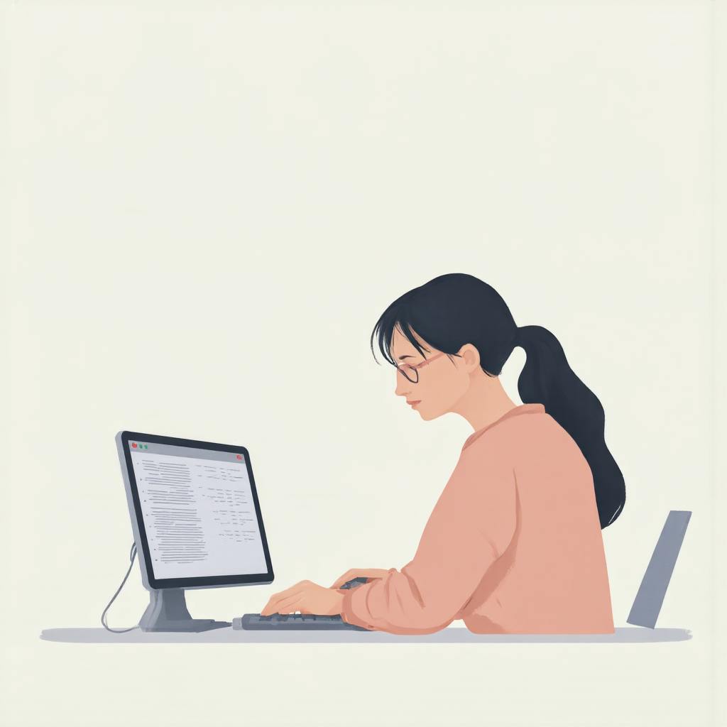 Illustration of a woman with glasses and a ponytail typing on a desktop computer, analyzing data on the screen, depicting the application of ux testing techniques for user interaction analysis.