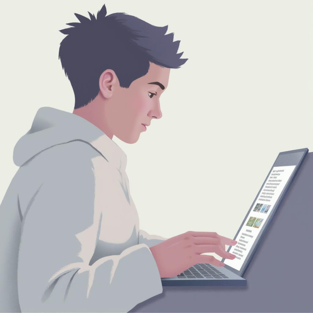Illustration of a young person in a white hoodie using a laptop, focused on a webpage interface, representing user experience research. Ideal for illustrating ux testing techniques in digital environments.