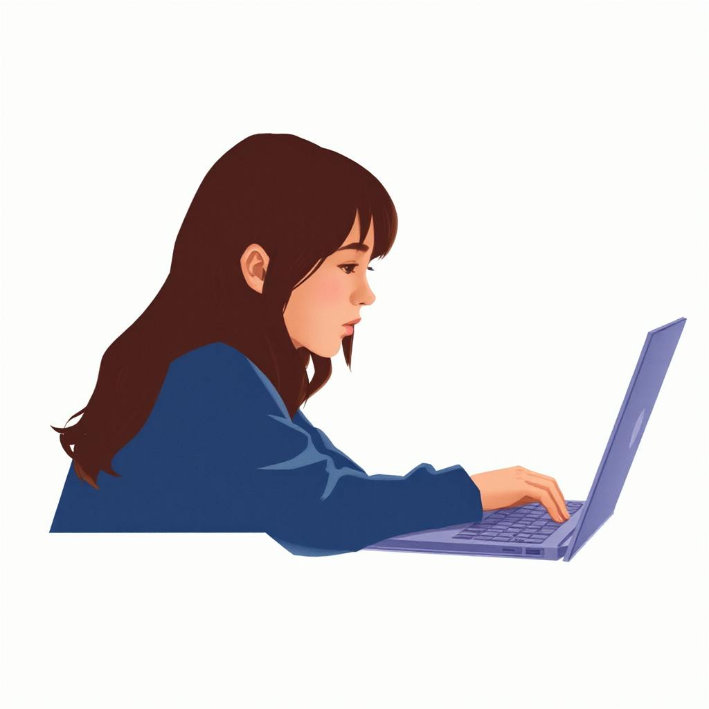 Illustration of a young woman focused on her laptop, working intently, depicting ux for testing examples in remote usability testing or task analysis.