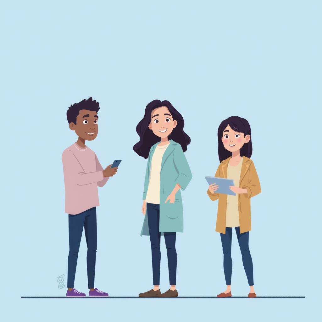 Illustration of a group of three people interacting with digital devices—a smartphone and tablets—demonstrating ux for testing examples such as user interviews, prototype testing, and collaborative usability evaluations.