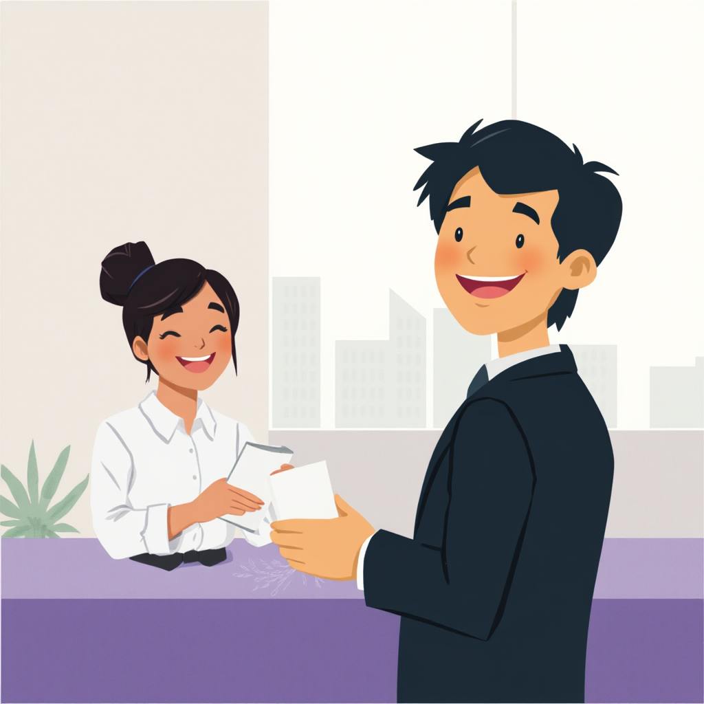 Illustration of two colleagues in a modern office setting, exchanging documents and smiling. Symbolizes collaboration in UX and UI testing, focusing on user-centered design improvements and interface usability testing.