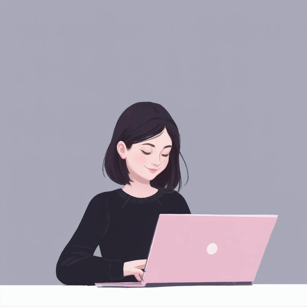 A woman working on a pink laptop in a minimalist workspace, reviewing UX and UI testing reports and analyzing user interface design performance metrics.