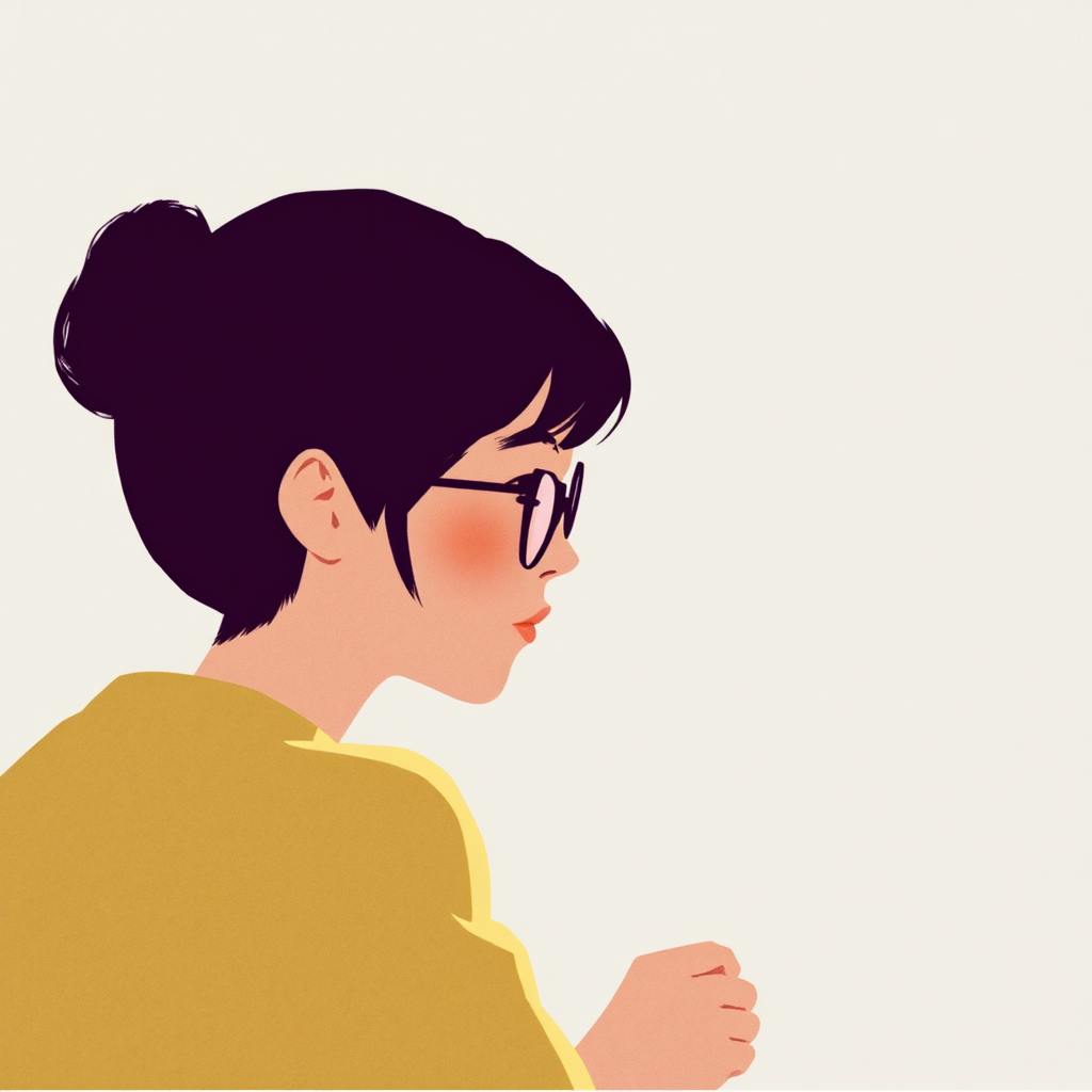 A minimalist side profile illustration of a woman with glasses and a yellow top, appearing deep in concentration. This image symbolizes various types of UX testing, where user observation and interaction are key to gathering insights.