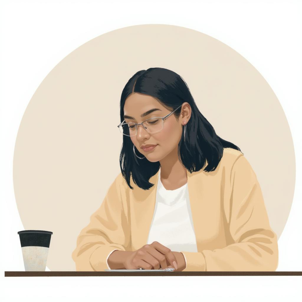 Digital illustration of a woman with shoulder-length dark hair and glasses, sitting at a table with a coffee cup, reading or writing with focus and calm demeanor.