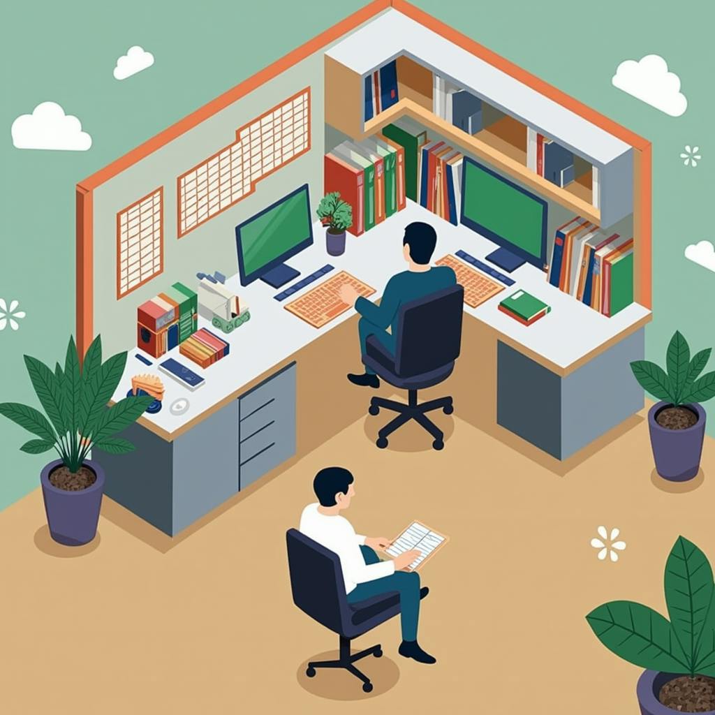 An isometric illustration showing two people working in a shared office space, each at their own desk with dual monitors and shelves filled with books and files. This workspace symbolizes teamwork in planning and managing multiple types of social media advertisements.