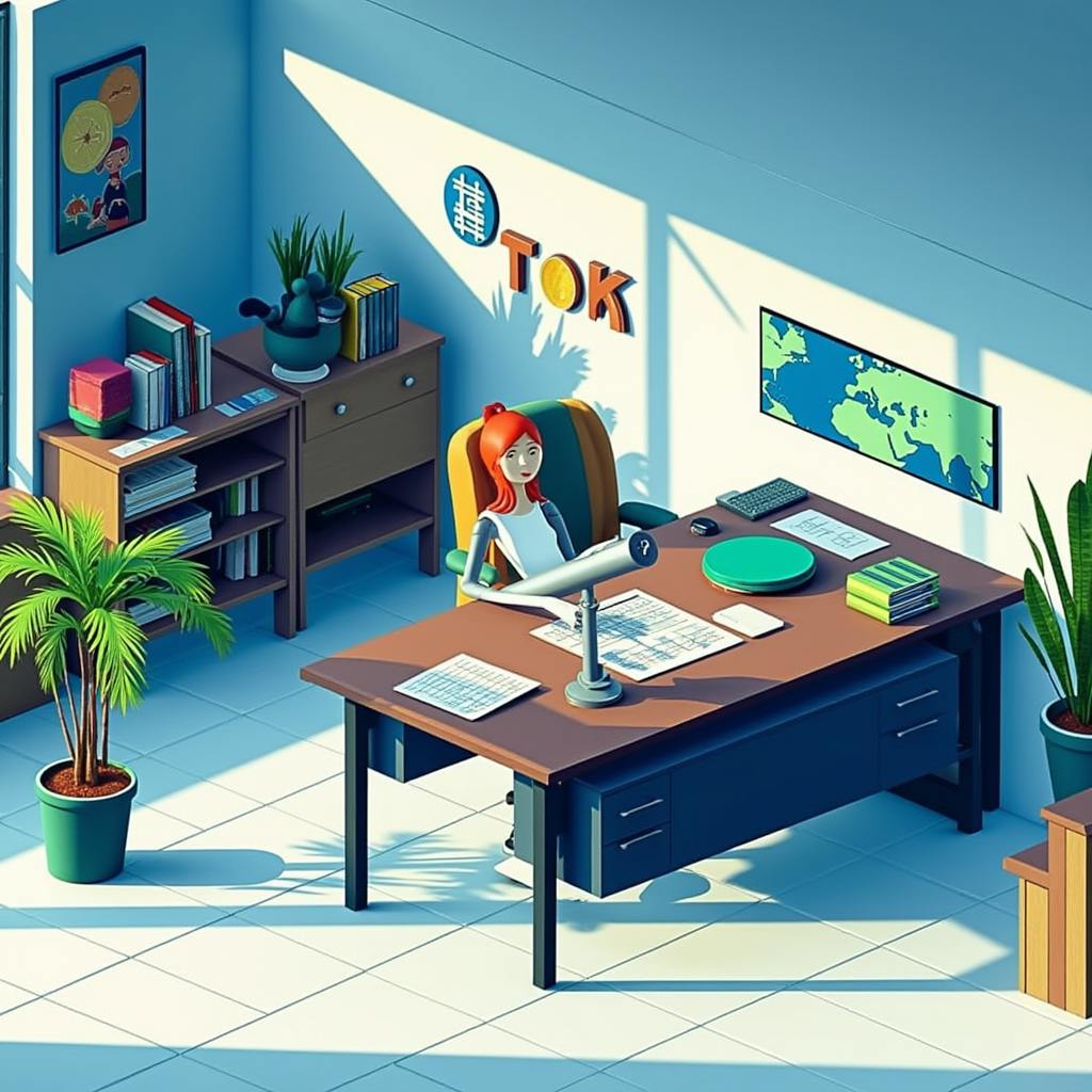 An illustrated office scene featuring a woman with red hair sitting at a desk, surrounded by documents, plants, and a world map on the wall. This image represents a creative workspace where professionals brainstorm various types of social media advertisements.