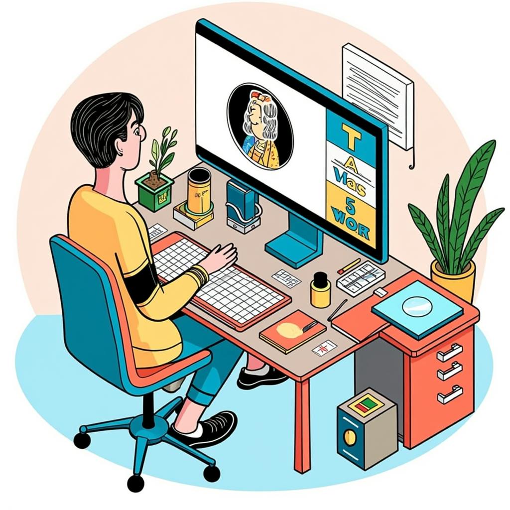 A colorful illustration of a person sitting at a desk, designing content on a large computer monitor, surrounded by plants and office supplies. The setup highlights different types of social media advertisements being created and analyzed on screen.