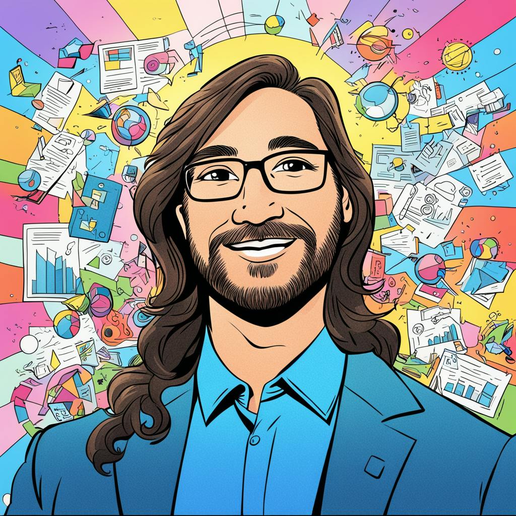 A colorful, stylized illustration of a smiling man with long hair and glasses, wearing a blue suit. He is surrounded by vibrant rays and numerous charts, graphs, and reports, symbolizing various types of market research and data analysis.