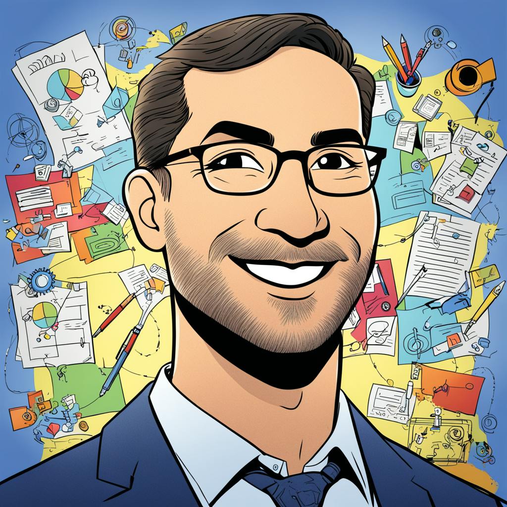 A professional illustration of a smiling man in a suit and glasses, standing in front of a dynamic background filled with charts, reports, and analytical tools, representing multiple types of market research strategies and techniques.
