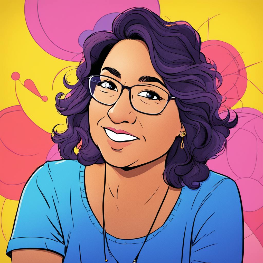 A vibrant, cartoon-style portrait of a cheerful woman with curly hair and glasses, set against a bright background with circular graphics. The background elements suggest different types of market research methods and data visualization.
