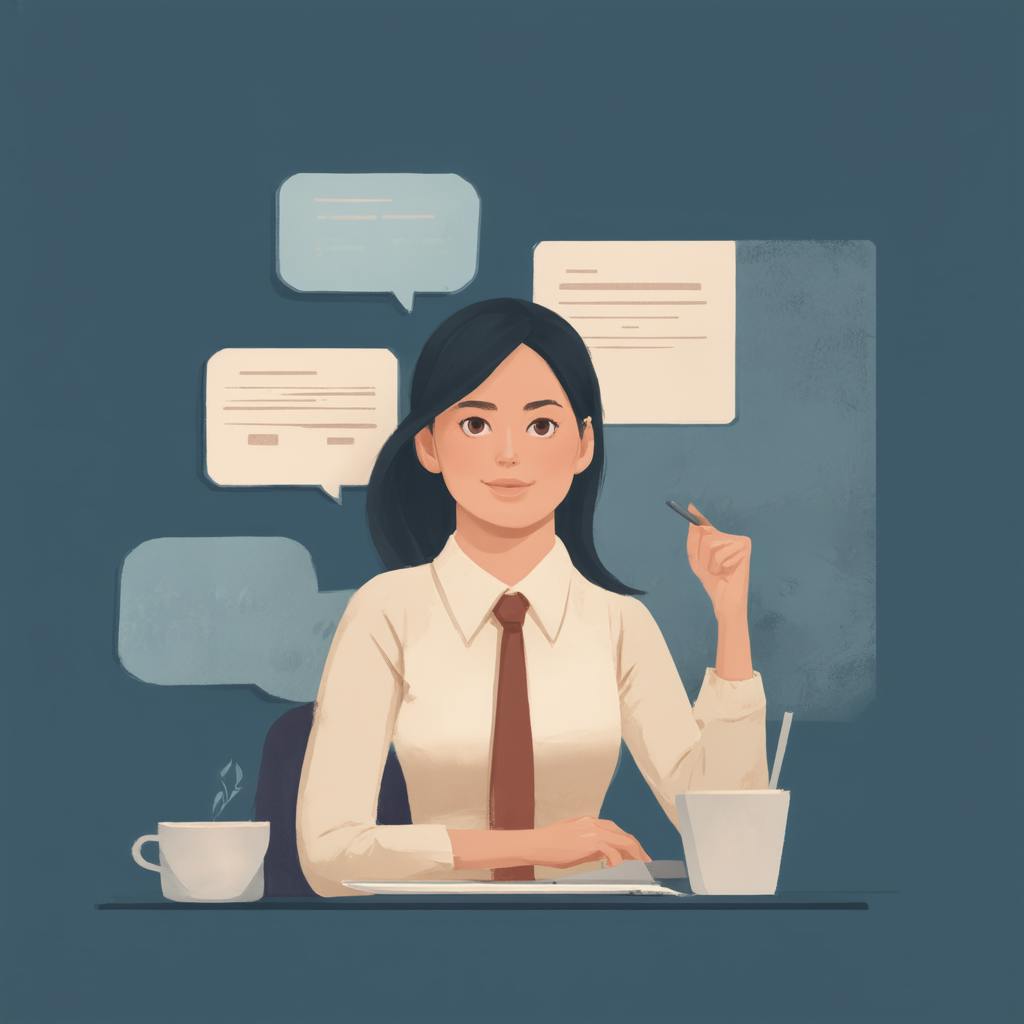 A professional woman in a business setting sits confidently at a desk, holding a pen and surrounded by floating dialogue boxes, symbolizing different types of business communication such as written, verbal, and non-verbal exchanges.