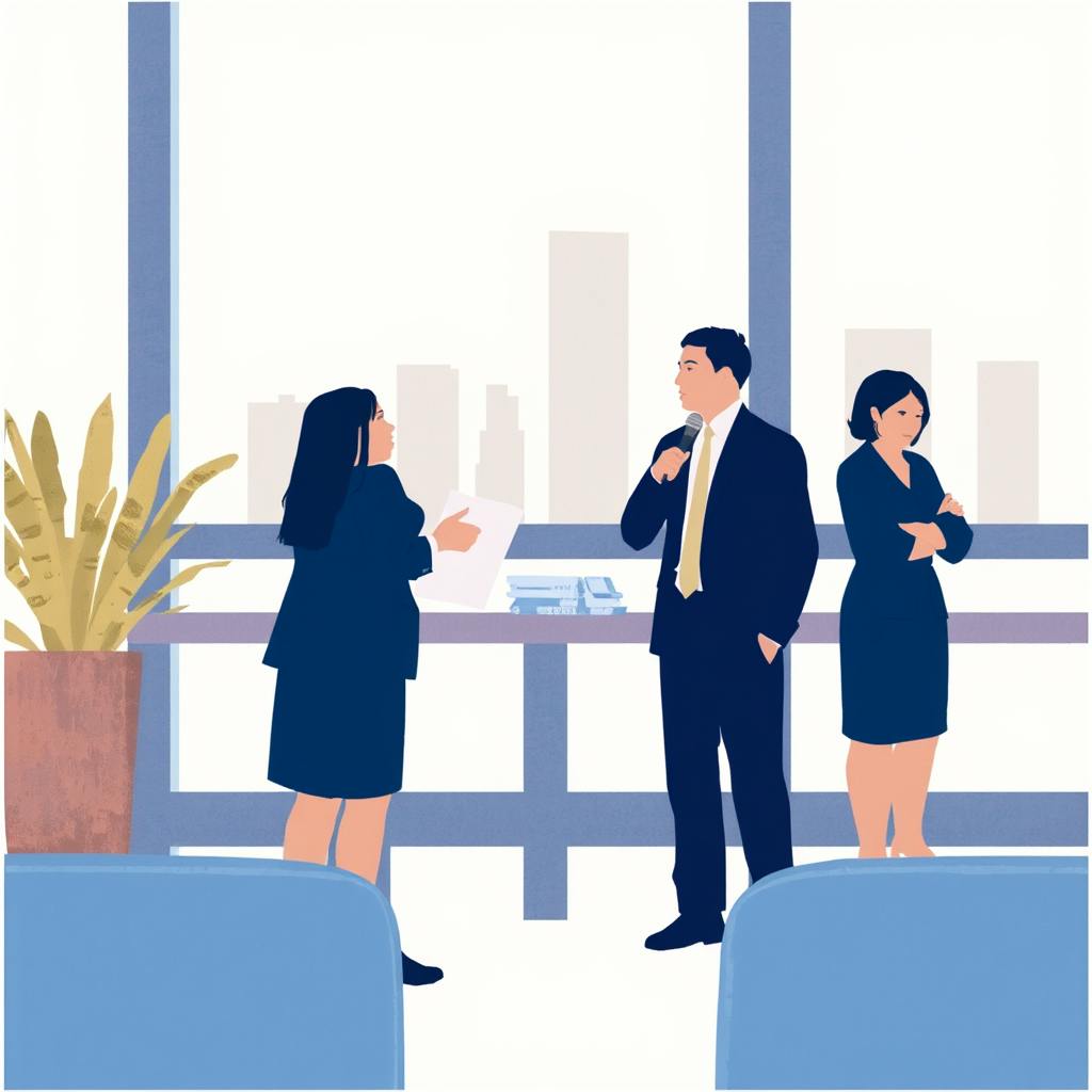 A group of business professionals engage in a discussion in a corporate office setting, highlighting face-to-face and formal types of business communication used in meetings and presentations.