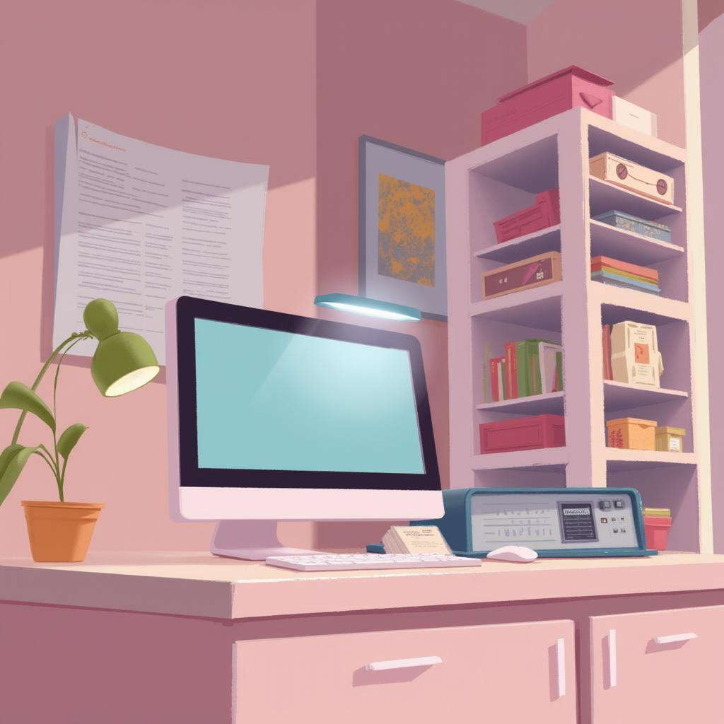 A cozy home office space with a desktop computer, bookshelves, and a potted plant, representing an environment where social media video advertising strategies are developed and managed.