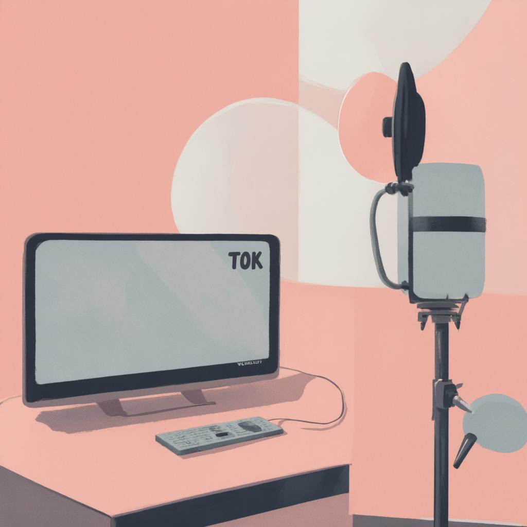 A modern desk setup featuring a microphone on a stand and a computer monitor displaying "TOK," illustrating a creative workspace for social media video advertising content creation.