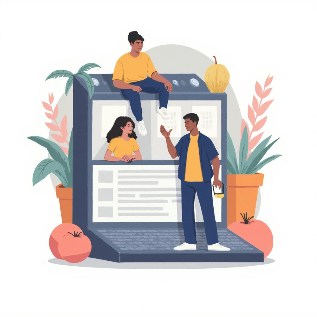 Illustration of three people interacting around a large laptop, surrounded by plants and fruits, symbolizing collaboration and engagement in social media PPC advertising campaigns.