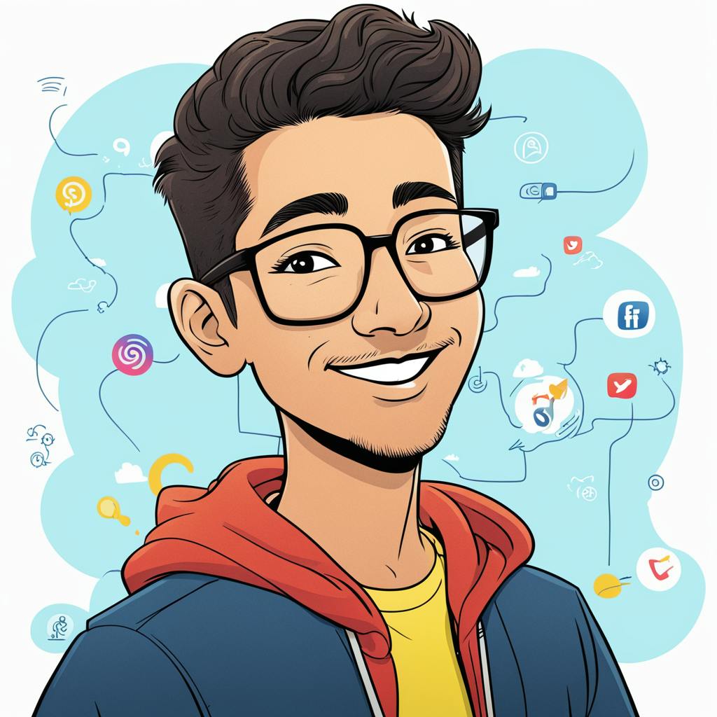 Illustration of a smiling young man with dark hair and glasses, wearing a red hoodie and denim jacket, surrounded by social media icons like Facebook, Twitter, and YouTube. The background features digital symbols and cloud graphics, representing data and connectivity, visually emphasizing social media marketing metrics.