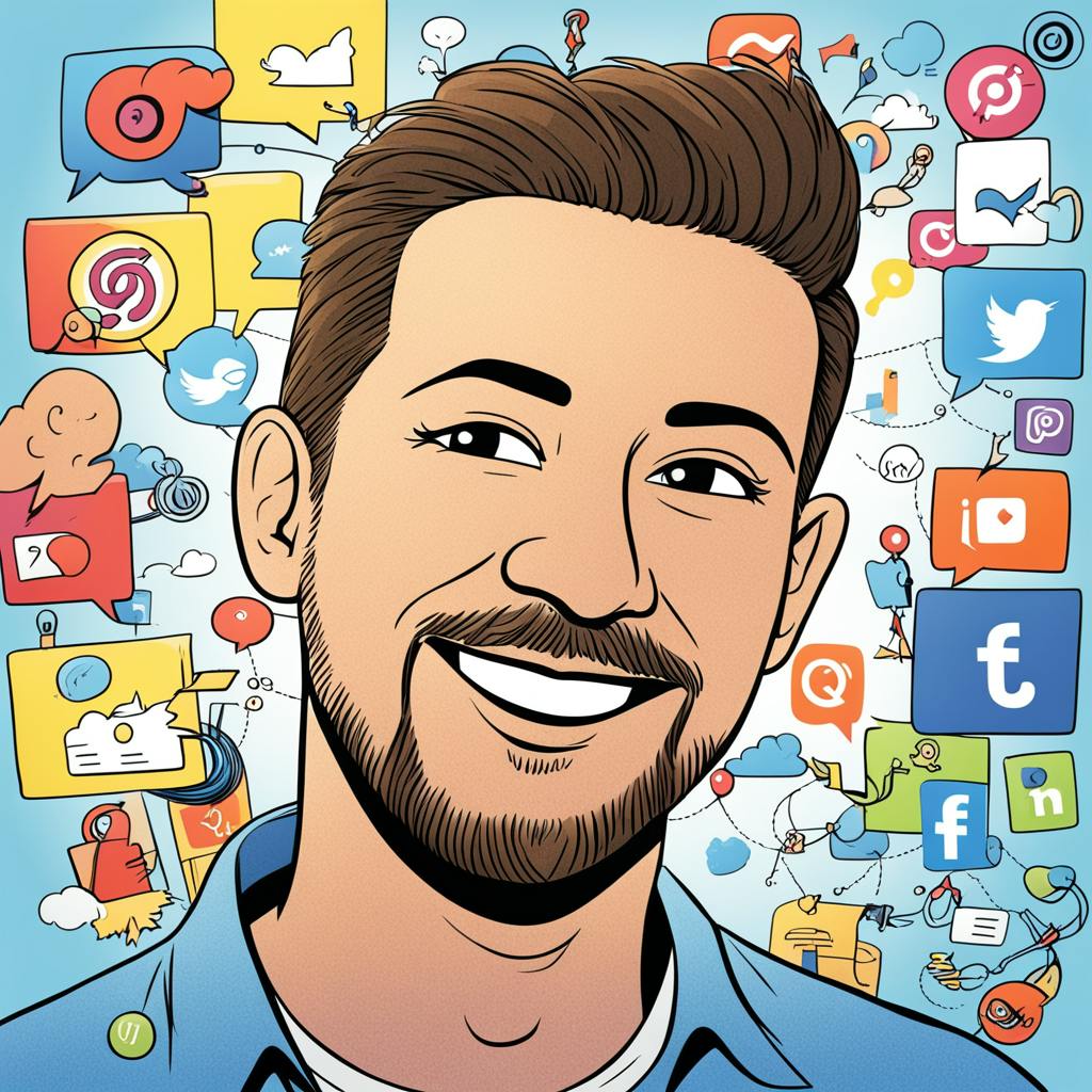 Vibrant illustrated image of a smiling man with styled brown hair and a trimmed beard, wearing a light blue shirt. Behind him is a collage of various social media platforms and digital icons connected by dotted lines, symbolizing the tracking and analysis of social media marketing metrics.