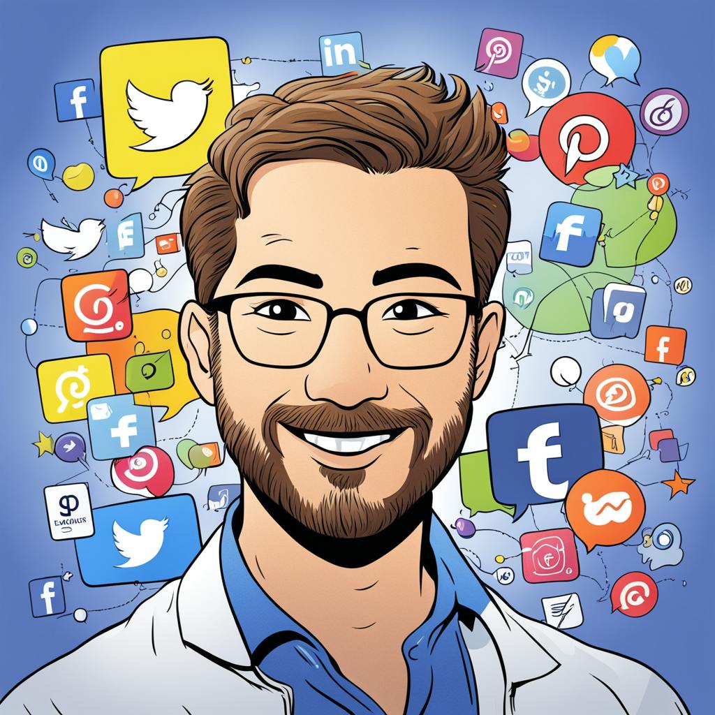 Cartoon-style portrait of a cheerful man with brown hair, glasses, and a beard, dressed in a light jacket and blue shirt. He is surrounded by a burst of colorful social media logos and chat icons, illustrating the concept of social media marketing metrics and digital communication analytics.