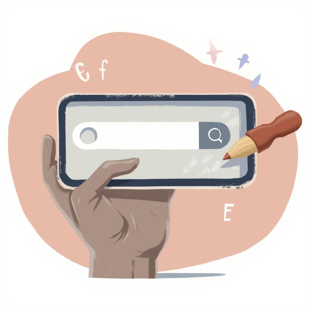 Illustration of a hand holding a smartphone with a search bar on the screen, accompanied by a pencil touching the screen. This image symbolizes keyword research and content optimization, key components of a small business SEO strategy.