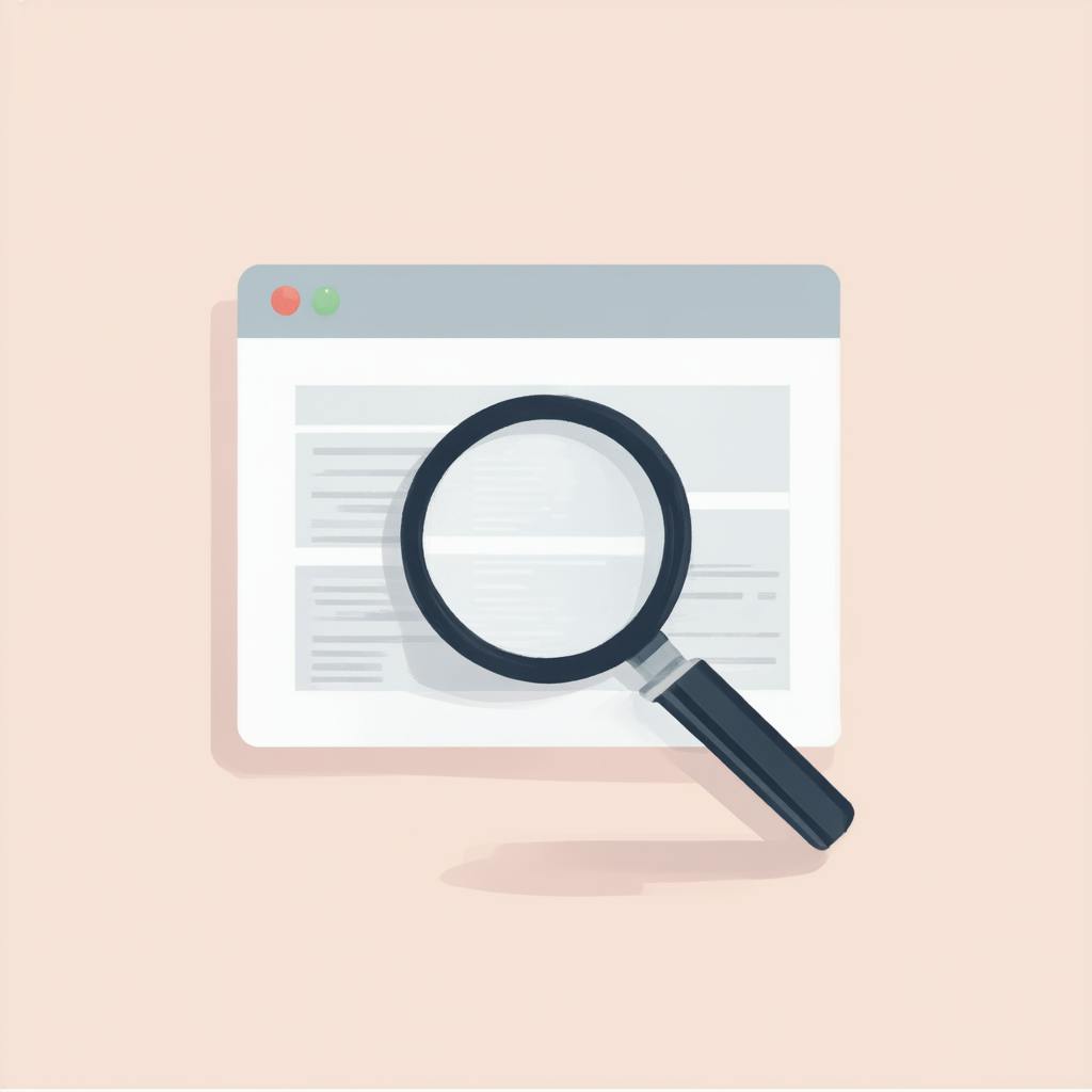 Minimalist illustration of a browser window with a magnifying glass hovering over text. This visual represents web analysis, site auditing, and keyword tracking—crucial tools in any small business SEO strategy.