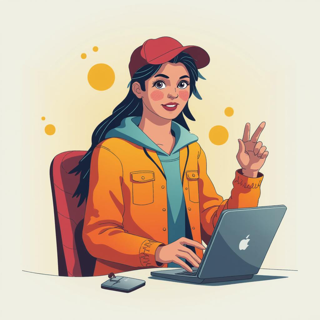 Cartoon-style image of a young woman in a red cap and orange jacket working on a laptop and making a peace sign. Her confident expression and casual setup reflect the independent and creative energy behind implementing SEO strategies for start-ups.