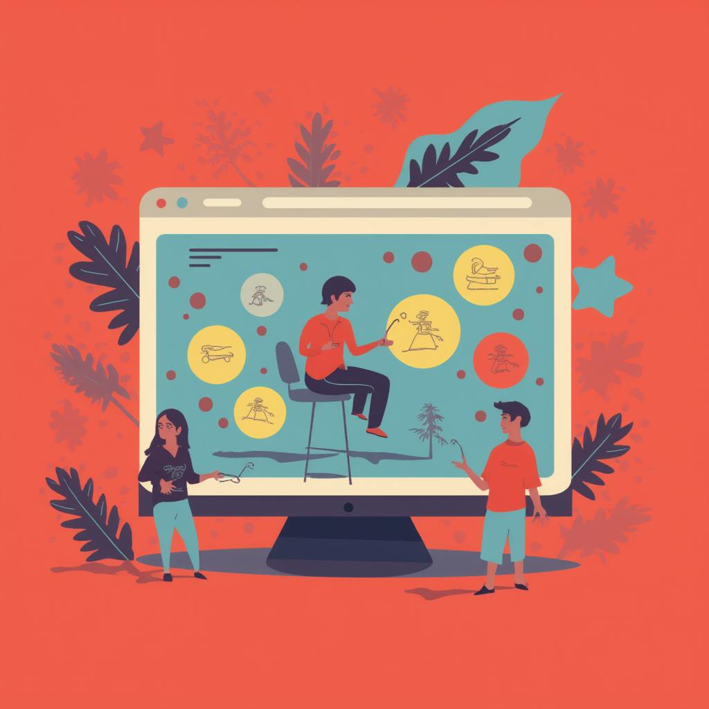 Whimsical digital illustration of people interacting around a giant computer screen filled with floating icons and diagrams. The image conveys brainstorming, collaboration, and strategic planning—essential elements in building SEO strategies for start-ups.