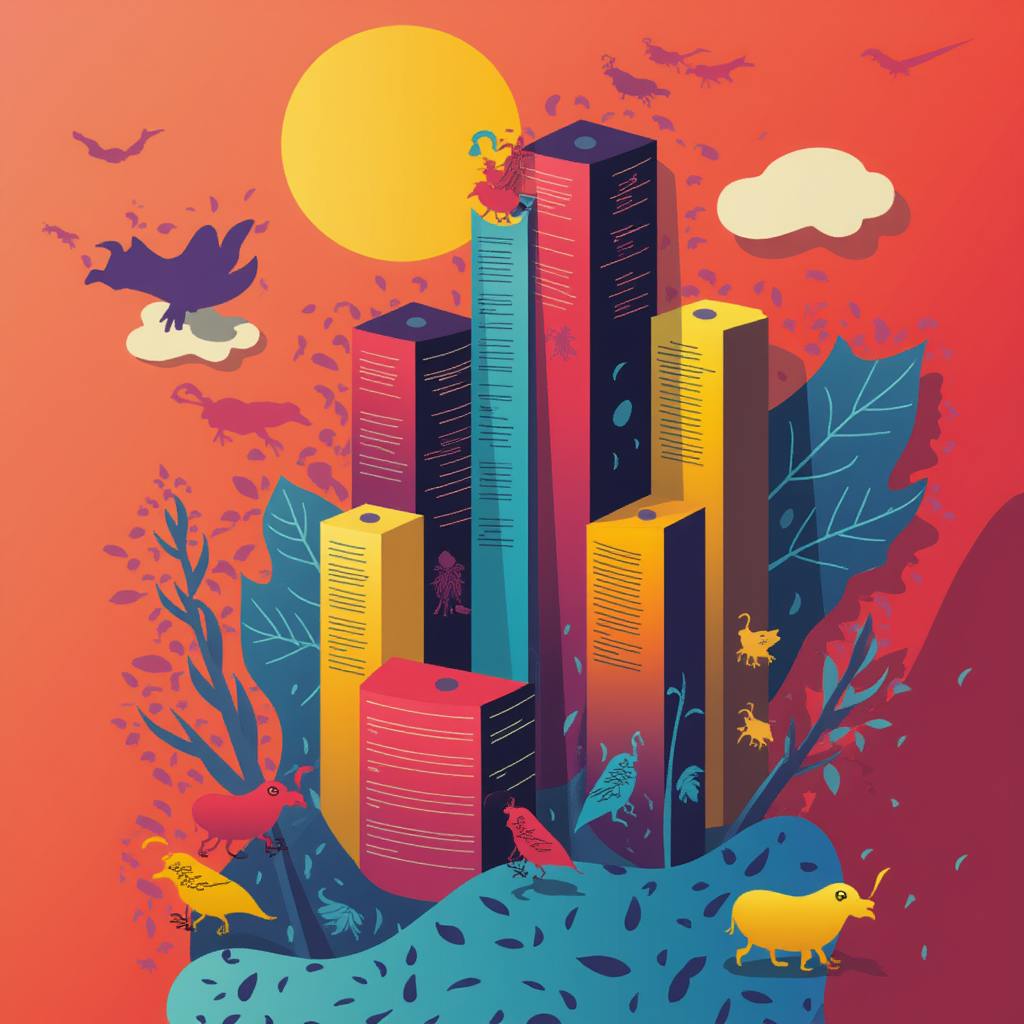 Vibrant abstract illustration of a cityscape made from towering digital folders surrounded by animals, leaves, and birds under a bright sun. The imaginative scene symbolizes data organization, digital growth, and content structuring—core components of SEO strategies for start-ups.