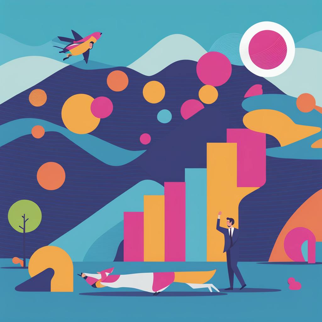 Abstract scene of a businessman and a rocket-powered character in a surreal, colorful landscape with charts and circles floating in the air. This energetic depiction highlights the dynamic and strategic nature of implementing a successful SEO content strategy.