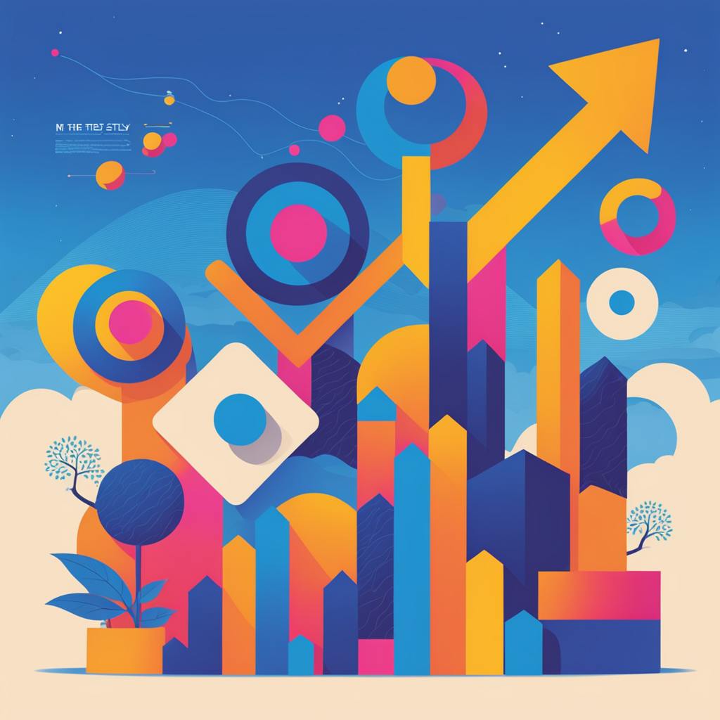 Colorful abstract cityscape with upward-pointing arrows, charts, and geometric shapes representing digital growth and analytics. The vibrant composition visually communicates data-driven planning and progress, reflecting the impact of a strong SEO content strategy.