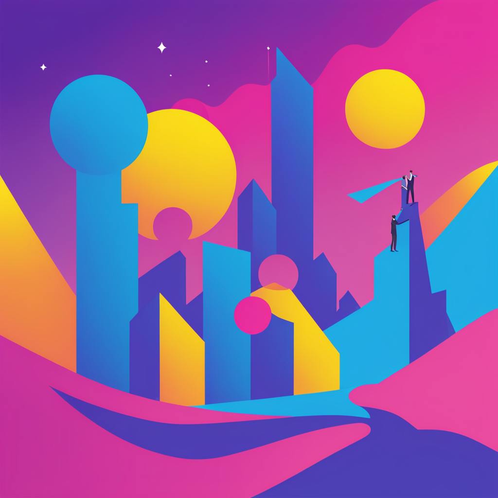 Colorful digital artwork featuring tall, abstract buildings and circular data elements against a dark background. The layered shapes and graphical lines evoke a sense of analytics, tracking, and performance monitoring—core features found in SEO campaign management software.