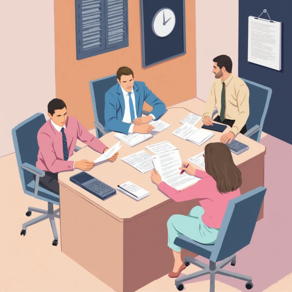 Business meeting scene with five individuals around a table reviewing papers and notes. The structured and analytical atmosphere reflects the planning and coordination involved in executing a strong SEO branding strategy for long-term brand growth.