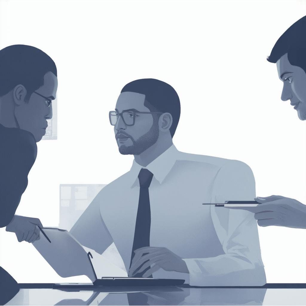 Illustration of three professionals in a focused business discussion, reviewing documents at a table. The collaborative environment suggests a team aligning on a comprehensive SEO branding strategy to enhance online visibility and brand consistency.
